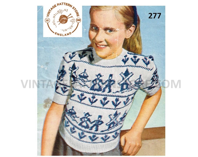 Girls 50s vintage round neck short sleeve dutch fair isle 3 ply raglan sweater jumper pdf knitting pattern 29.5" chest PDF Download 277