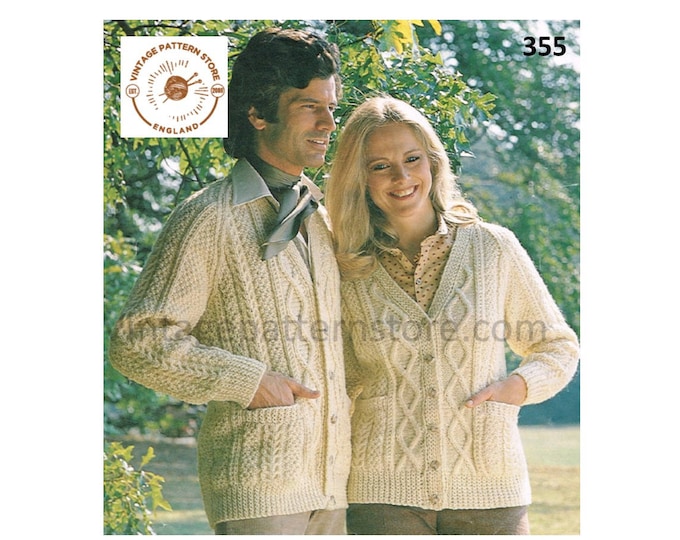 Ladies Womens Mens Mans 90s V neck cable cabled raglan aran cardigan pdf knitting pattern 34" to 44" chest Instant PDF Download 355