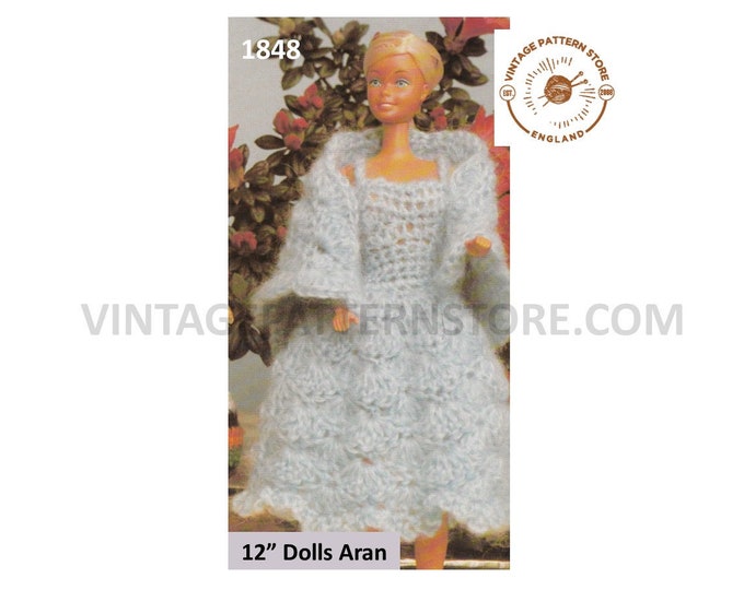 80s vintage 12" fashion doll Barbie Sindy dolls clothes aran evening dress shawl pdf knitting pattern Instant PDF download 1848