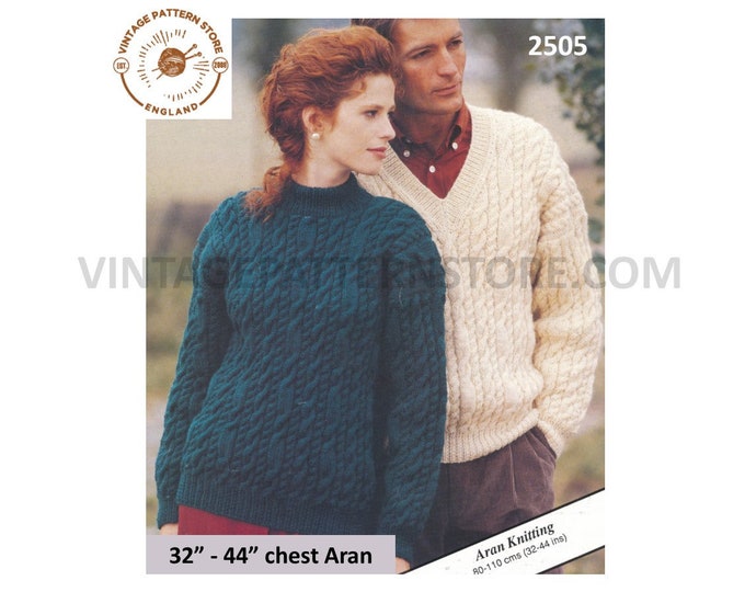 Ladies Womens Mens 90s V or crew neck drop shoulder cable cabled raglan aran sweater jumper pdf knitting pattern 32" to 44" Download 2505