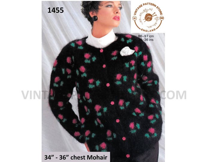 Ladies Womens 90s floral intarsia round neck drop shoulder dolman mohair cardigan pdf knitting pattern 34" to 36" chest PDF download 1455