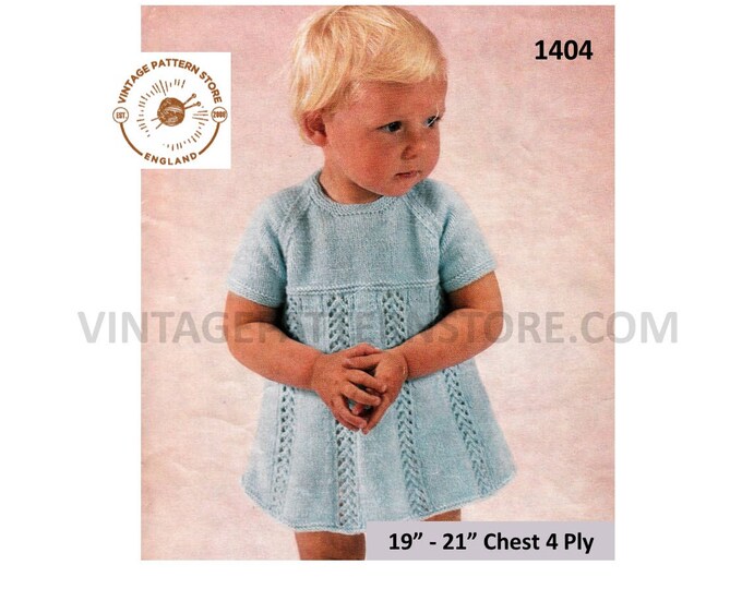 Baby Babies Toddlers 70s vintage 4 ply round neck short sleeve lacy striped raglan party dress pdf knitting pattern 19" to 21" Download 1404