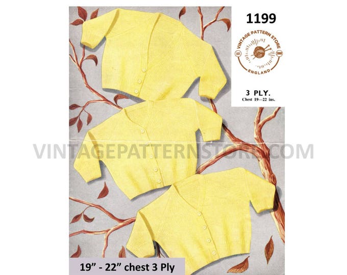 Baby Babies 50s vintage simple and easy to knit 3 ply V or round neck raglan cardigan pdf knitting pattern 19" to 22" chest Download 1199