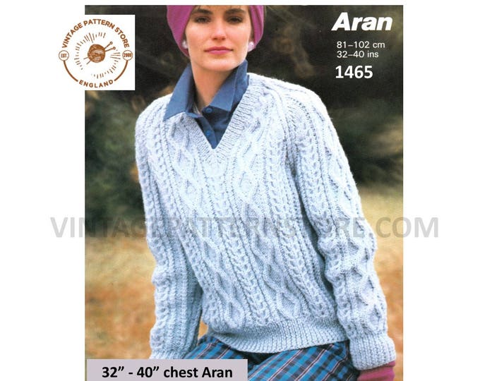 Ladies Womens 90s V neck cable cabled raglan aran sweater jumper pdf knitting pattern 32" to 40" chest Instant PDF download 1465