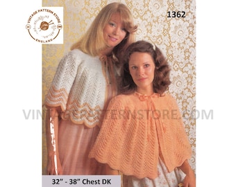 Ladies Womens 70s vintage lacy round neck DK ribbon bed jacket and bed cape pdf knitting pattern 32" to 38" chest Instant PDF Download 1362