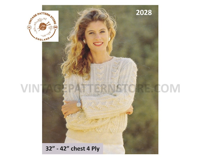 Ladies Womens 90s 4 ply round neck cable cabled raglan sweater jumper pdf knitting pattern 32" to 42" chest Instant PDF download 2028