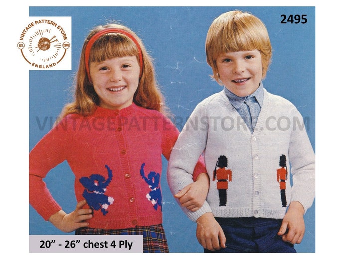 Girls Boys 80s vintage V or round neck elephant or soldier 4 ply intarsia raglan cardigan pdf knitting pattern 20" to 26" PDF Download 2495