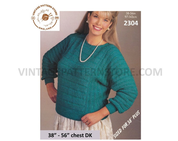 Ladies Womens 80s DK round neck oversized plus size extra large dolman sweater jumper pdf knitting pattern 38" to 56" Instant download 2304