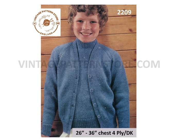 Girls 70s vintage easy to knit DK 4 ply twin set V neck raglan cardigan & crew neck sweater pdf knitting pattern 26" to 36" download 2209