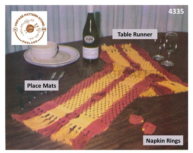 70s vintage easy to make macrame dining lunch set place mats table runner and napkin rings pdf macrame pattern Instant PDF Download 4335