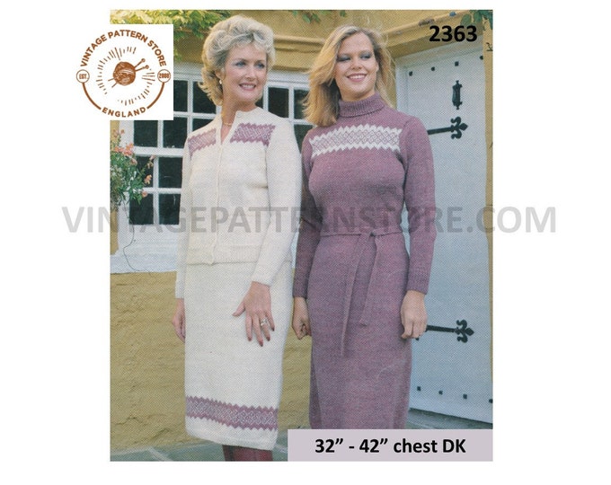 Ladies Womens 80s DK polo neck fair isle banded raglan sweater dress cardigan and skirt pdf knitting pattern 32" to 42" PDF download 2363