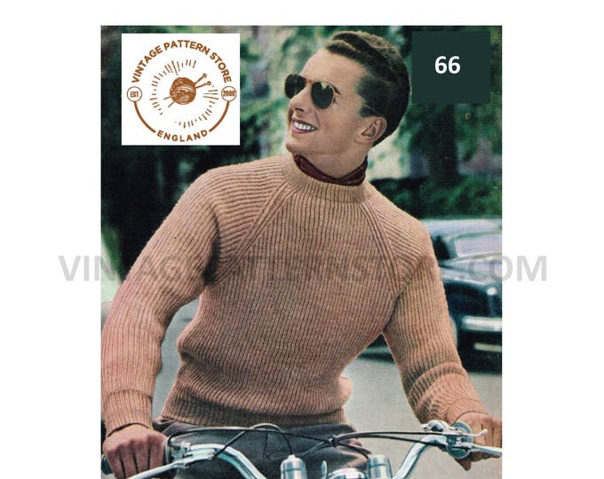 Mens Mans 50s vintage easy to knit rib ribbed crew neck raglan DK sweater jumper pdf knitting pattern 38" to 46" chest Instant Download 66