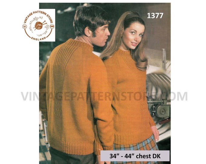 Ladies Womens Mens 60s vintage DK crew neck ribbed rib panel raglan sweater jumper pdf knitting pattern 34" to 44" chest PDF Download 1377