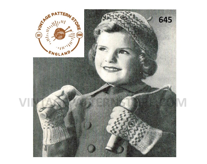 Girls 30s vintage retro 3 ply fair isle gloves and beret hat pdf knitting pattern Instant PDF download 645