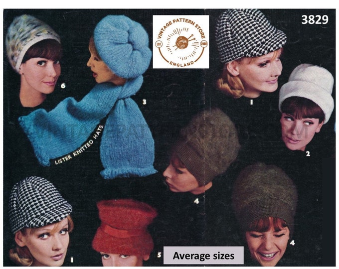 Ladies Womens 70s vintage hat cap scarf pdf knitting pattern 6 designs to knit Average head size Instant PDF download 3825