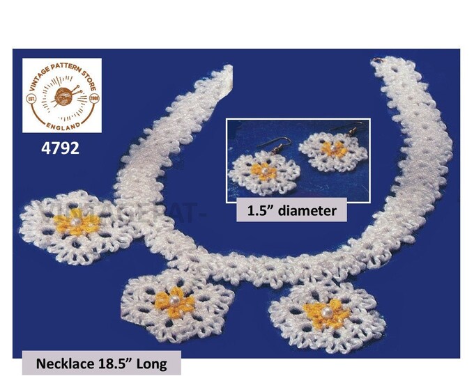 80s vintage tatted lace lacy floral daisy necklace bracelet and earrings jewelry jwellery set pdf tatting pattern Instant PDF Download 4792