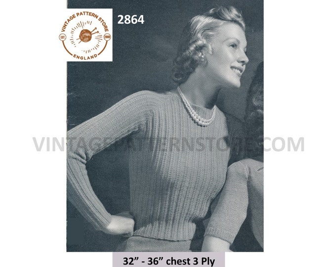 Ladies Womens 30s vintage round neck 3 ply cable cabled raglan sweater jumper pdf knitting pattern 32" to 36" chest PDF download 2864