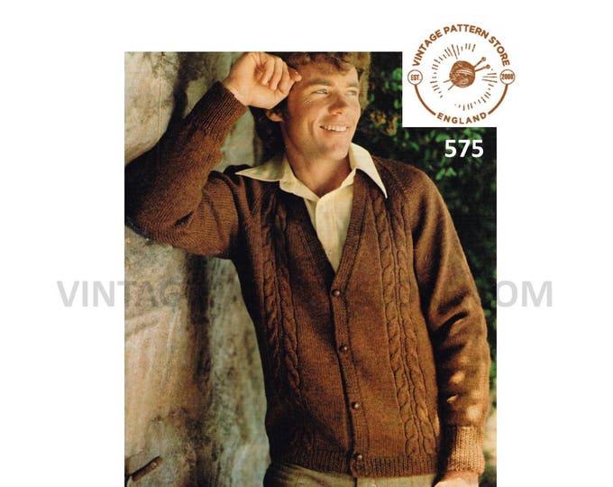 Mens Mans 80s vintage V neck cabled cable panel raglan DK cardigan pdf knitting pattern 34" to 46" chest Instant PDF download 575