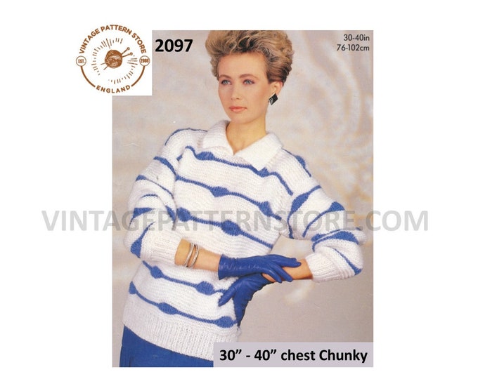 Ladies Womens 90s round neck collared striped chunky knit drop shoulder dolman sweater jumper pdf knitting pattern 30" to 40" Download 2097
