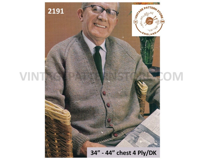 Mens Mans Grandfather 70s vintage simple and easy to knit V neck 4 ply or DK raglan cardigan pdf knitting pattern 34" to 44" Download 2191