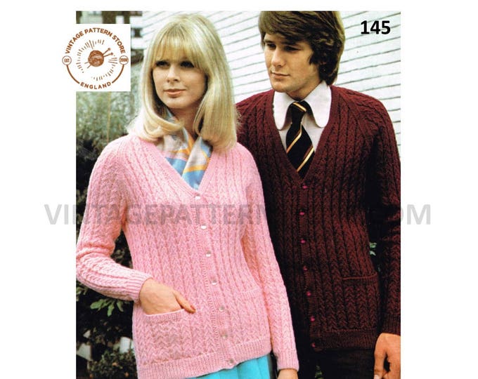Ladies Womens Mens Mans 80s vintage V neck cable cabled raglan DK cardigan pdf knitting pattern 32" to 42" chest Instant PDF Download 145