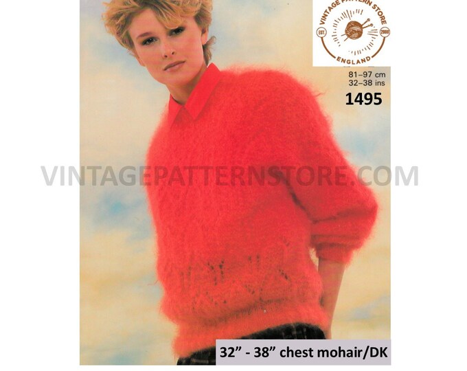 Ladies Womens 90s crew neck lacy eyelet lace drop shoulder dolman mohair sweater jumper pdf knitting pattern 32" to 38" chest Download 1495