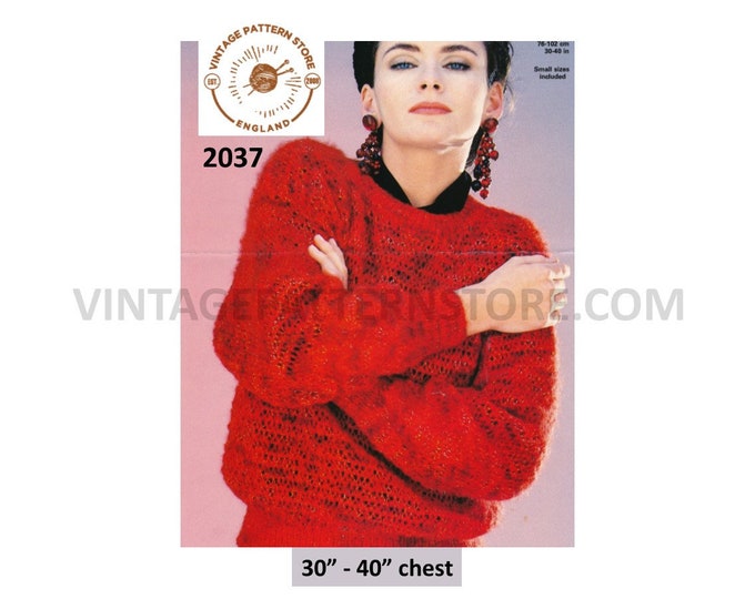 Ladies Womens 90s easy to knit round neck lacy drop shoulder dolman mohair sweater jumper pdf knitting pattern 30" to 40" PDF Download 2037