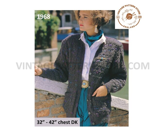 Ladies Womens 90s DK round neck long line drop shoulder check dolman jacket cardigan pdf knitting pattern 32" to 42" chest Download 1968