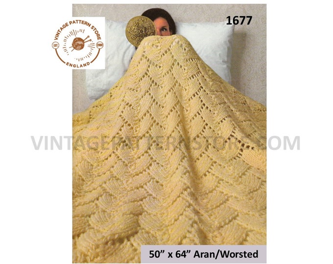 70s vintage eyelet lace lacy aran afghan throw pdf knitting pattern 50" by 64" Instant PDF download 1677