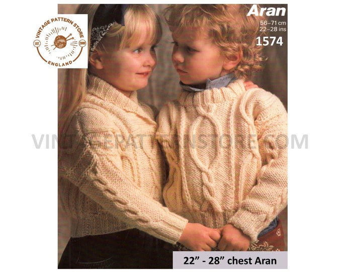 Girls Boys 90s crew neck and shawl collar drop shoulder dolman aran sweater jumper pdf knitting pattern 22" to 28" chest PDF download 1574