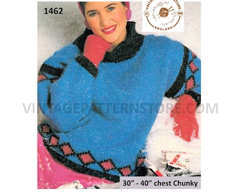 Ladies Womens 90s chunky knit diamond intarsia drop shoulder dolman sweater jumper pdf knitting pattern 30" to 40" Instant PDF Download 1462