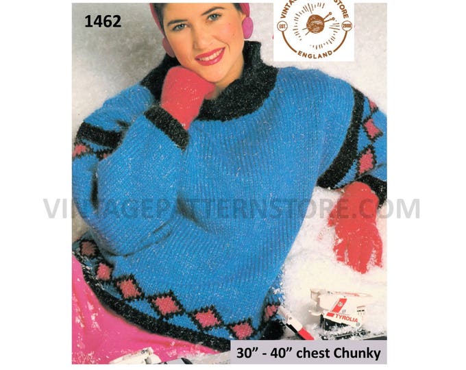 Ladies Womens 90s chunky knit diamond intarsia drop shoulder dolman sweater jumper pdf knitting pattern 30" to 40" Instant PDF Download 1462