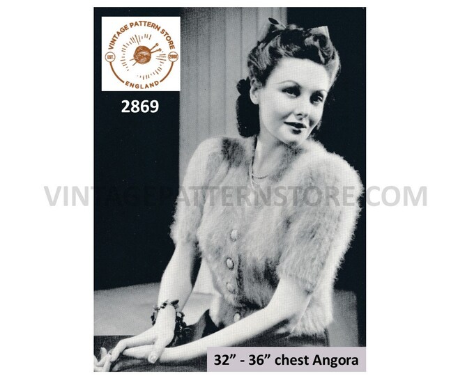 Ladies Womens 30s vintage V neck short sleeve raglan angora cardigan evening jacket pdf knitting pattern 32" to 36" chest PDF download 2869