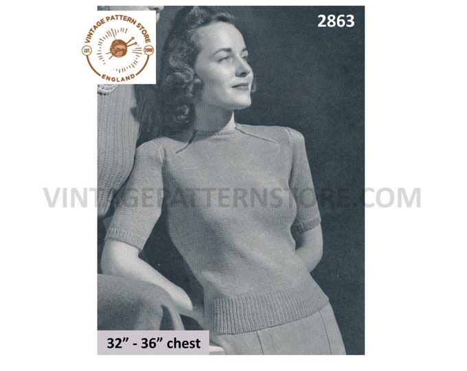 Ladies Womens 30s vintage round zip neck short sleeve boxy raglan Summer sweater jumper pdf knitting pattern 32" to 36" chest Download 2863