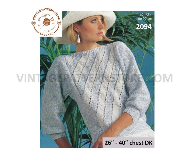 Ladies Womens 90s DK slash neck lacy lace diagonal striped dolman sweater jumper pdf knitting pattern 26" to 40" bust Instant Download 2094