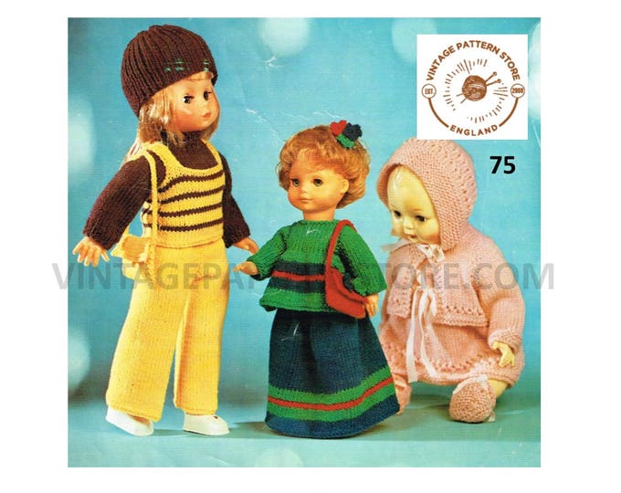 70s vintage 12" 16" 18" DK baby dolls clothes trousers sweater shoulder bag tank top cap skirt & pram set knitting pattern PDF download 75