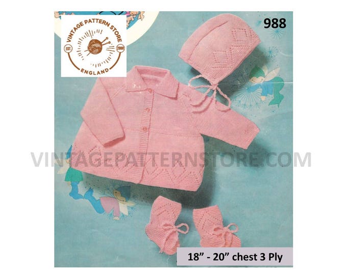Baby Babies 60s vintage 3 ply lacy collared matinee coat jacket bonnet and booties bootees pdf knitting pattern 18" to 20" PDF download 988