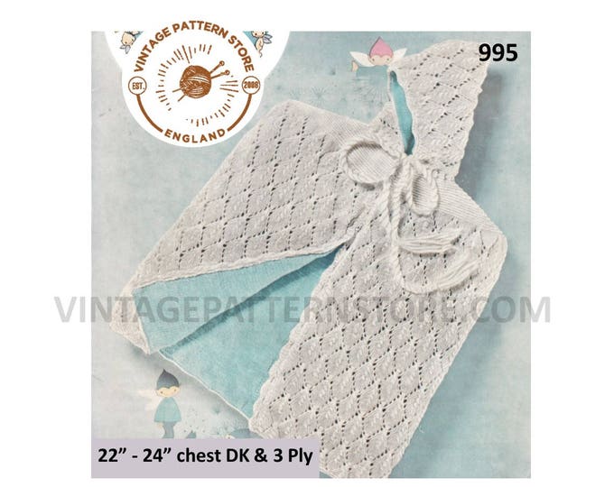 Baby Babies 60s vintage DK & 3 ply diamond eyelet lace lacy lined hooded carry cape shawl pdf knitting pattern 22" to 24" chest download 995