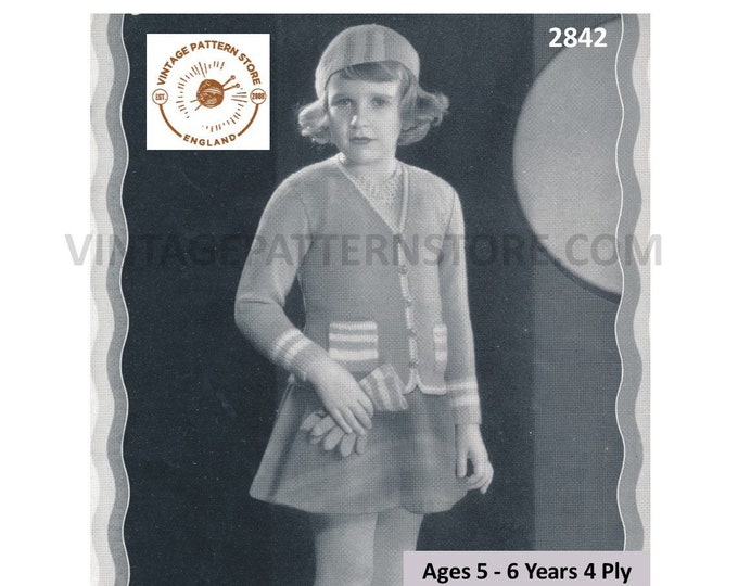 Girls 30s vintage 4 ply V neck raglan cardigan gloves and beret hat pdf knitting pattern Ages 5 to 6 Years Instant PDF download 2842