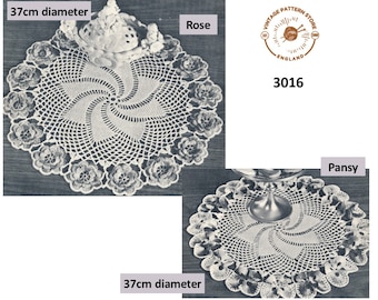 60s vintage rose and pansy edged circular round floral doily doilies pdf crochet pattern 37cm diameter Instant PDF Download 3016