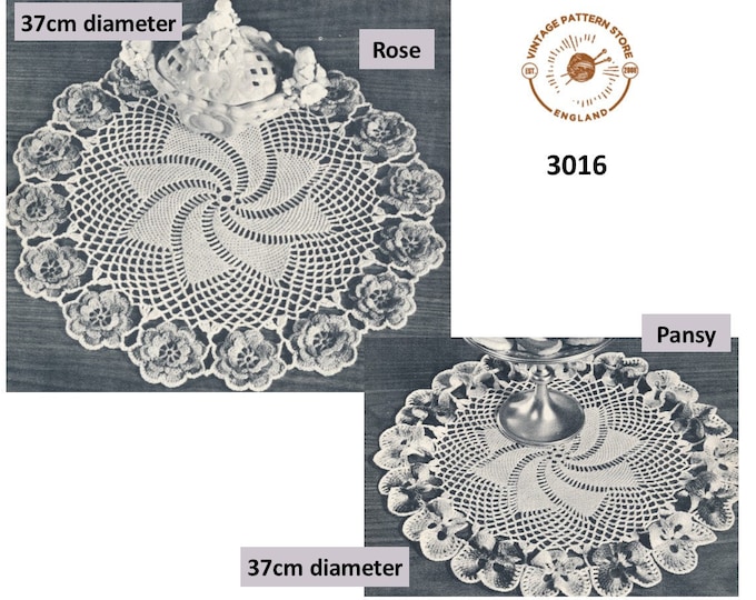 60s vintage rose and pansy edged circular round floral doily doilies pdf crochet pattern 37cm diameter Instant PDF Download 3016