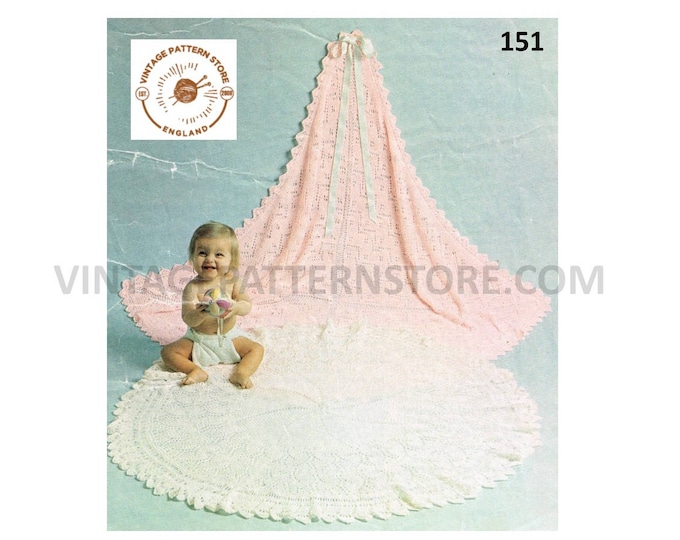 Baby Babies 70s vintage 3 ply square and round lacy lace shawl PDF knitting pattern Instant PDF Download 151