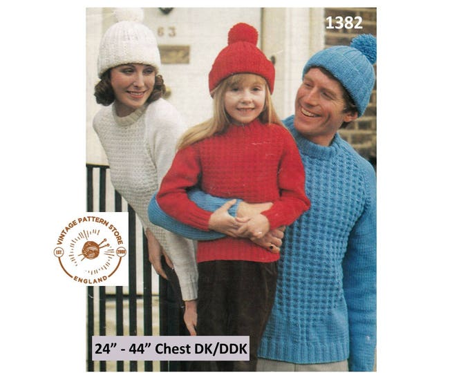 Ladies Womens Mens Boys Girls 80s Family DK or DDK crew neck textured raglan sweater & hat cap pdf knitting pattern 24" to 44" Download 1382