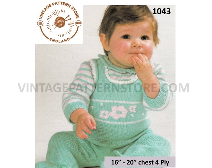Baby Babies 80s vintage 4 ply dunagrees romper play suit & striped sweater jumper pdf knitting pattern 16" to 20" chest PDF download 1043