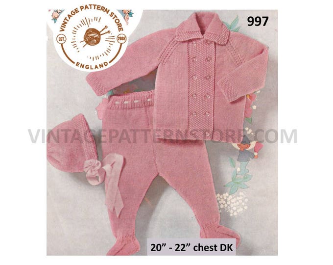 Baby Babies 60s vintage DK pram set layette double breasted matinee coat jacket leggings bonnet pdf knitting pattern 20" to 22" Download 997