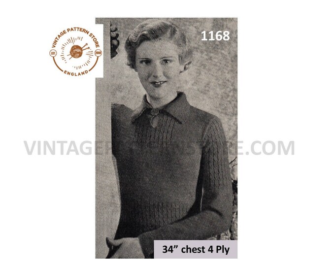 Ladies Womens 30s vintage 4 ply collared shirt neck cable cabled yoked raglan sweater jumper pdf knitting pattern 34" chest download 1168