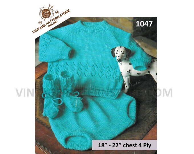 Baby Babies 80s easy to knit 4 ply eyelet lace lacy raglan sweater pilch & booties bootees pdf knitting pattern 18" to 22" PDF download 1047