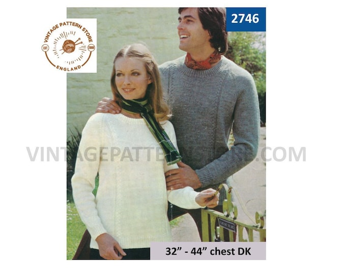 Ladies Womens Mens 70s vintage round neck cable cabled DK raglan sweater jumper pdf knitting pattern 32" to 44" chest Instant download 2746