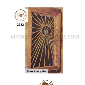 May include: A vintage craft pattern for a macrame sunburst wall hanging. The pattern is from Vintage Pattern Store, England. The pattern number is 2922. The pattern includes instructions for making a sunburst wall hanging with a ring and nylon cord. The pattern is for a wall hanging that can be made to any size.