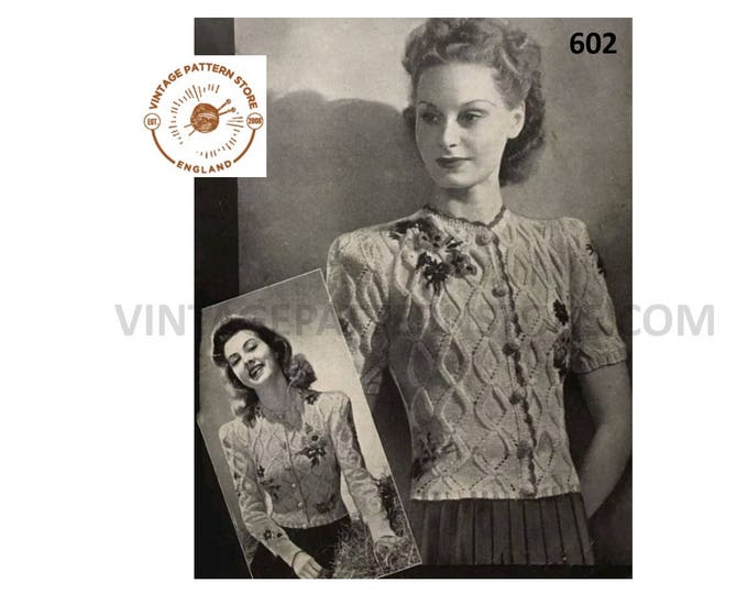 Womens Ladies 40s vintage 4 ply long or short sleeve eyelet lace lattice cable raglan cardigan pdf knitting pattern 35" to 36" Download 602